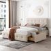 Beige Upholstered Queen Platform Bed with 4 Drawers, Classic Headboard