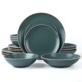 RINGAR Round Stoneware 16pc Double Bowl Dinnerware Set for 4, Dinner Plates, Side Plates, Cereal Bowls, Pasta Bowls