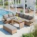 5-Piece Outdoor Patio Rattan Sofa Set, L-Shaped Garden Furniture Set with 2 Extendable Side Tables, Brown