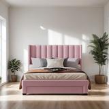 Bedroom Furniture Queen Size Velvet Upholstered Storage Platform Bed with a Big Drawer, Pink