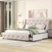 Beige/Grey Linen Upholstered Platform Bed with Wingback Headboard, 4 Drawers - Queen