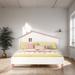 Bedroom Furniture Full Size Wooden Platform Bed with House Shaped Headboard, White+Pink