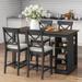 5-Piece Counter Height Dining Set with 3-Tier Storage Shelves, Solid Wood Rectangular Kitchen Table, 4 Linen Upholstered Chairs