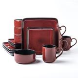 Square Stoneware 16pc Dinnerware Set for 4, Dinner Plates, Side Plates, Cereal Bowls, Mugs - Reactive Glaze Red (485450)