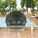 Outdoor Patio Daybed, Wicker Rattan Double Daybed Round Sofa Furniture Set with Retractable Canopy & 4 Pillows, Grey