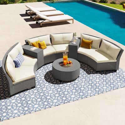 6 - Person Fan-shaped Rattan Suit Combination w/Cushions & Table,Beige