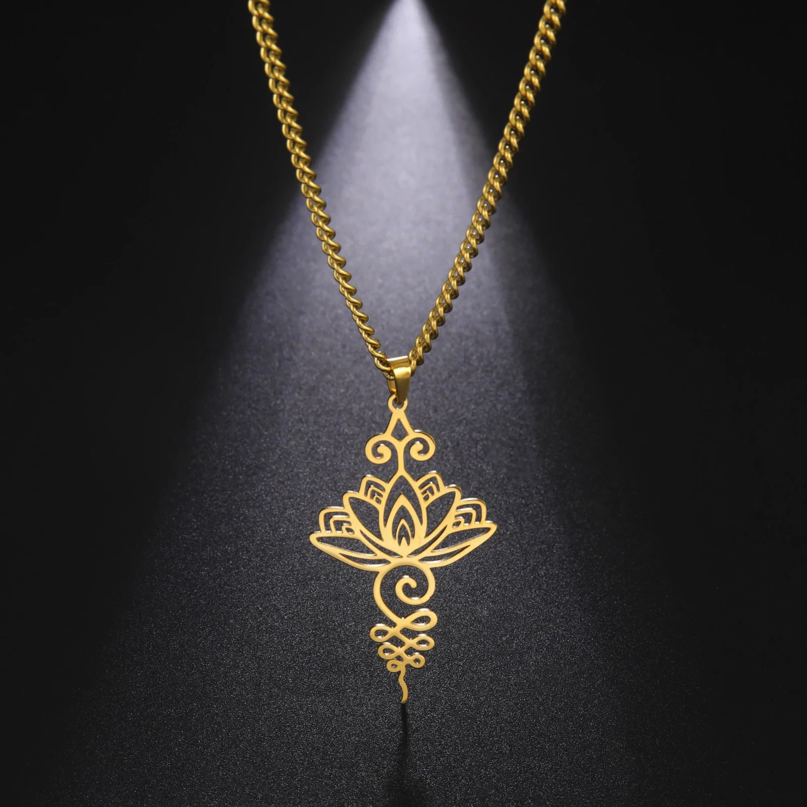 Skyrim Lotus-Anhänger-Halskette für Damen, silberfarben, Edelstahl, Mond, Blume des Lebens, keltische Mode, Hexenknoten-Schmuck Image