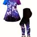 Plus Size Elegant Outfits Set, Women 's Plus Tie Dye Butterfly Print Round Neck Short Sleeve Pleated Top & Leggings Outfits 2 Piece Set