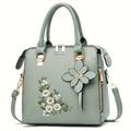 Women's Elegant Embroidered Tote Bag, Faux Leather Satchel Bag, Classic Zipper Shoulder Bag