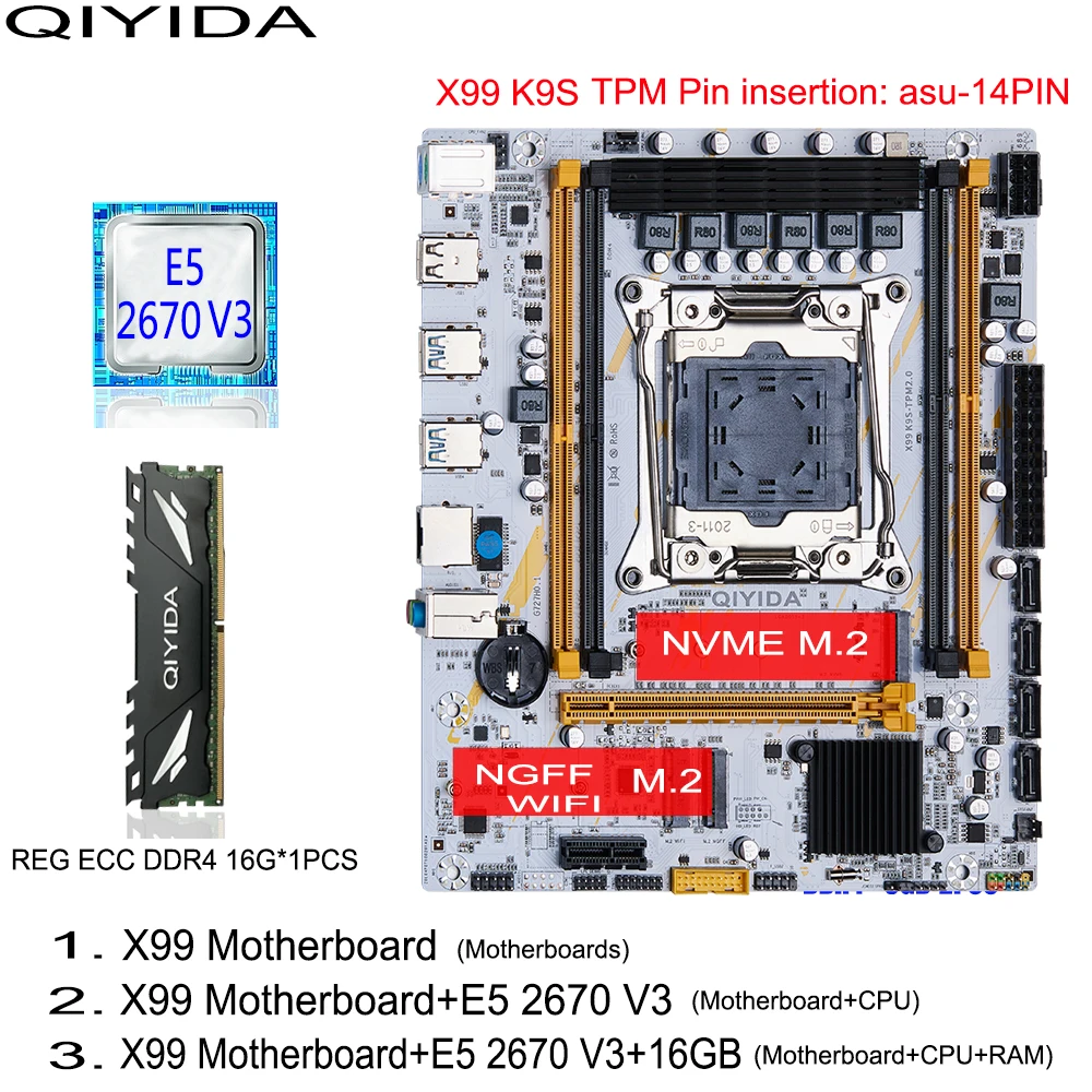 QIYIDA X99 Motherboard-Set LGA2011 3 Kit mit Xeon E5 2670 V3 CPU-Prozessor und DDR4 16 GB RAM-Speicher NVME M.2 WIFI TPM 14PIN Image