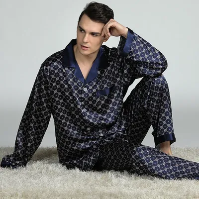 PLUS GRÖßE Herren Pyjamas 2PCS Nachtwäsche Set Frühling Herbst Langarm Hosen Pijamas Anzug Lose Druck Seide Satin Lounge Wear Image