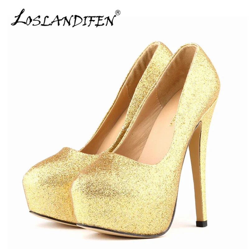 LOSLANDIFEN Sexy Frauen Pumpen Ultra High Heels Glitter Gold Schuhe 14 cm Plattform Runde Kappe Damen Hochzeit Party 817-1Gitter