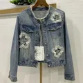 Jeans jacke für Damen Frühling Herbst neue Schwerindustrie Perlen Jeans Mantel Mode O-Ausschnitt