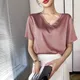 Frauen V-ausschnitt Seide Satin T-Shirt 2021 Sommer Neue Beiläufige Kurze Hülse Elegante Damen Tops