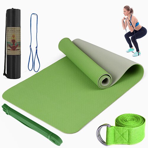 TPE6 mm zweifarbiges Yogamatten-Set mit fünf Teilen für Sport, Fitness, Stretching, Latex 2080, Widerstandsgürtel, wird mit Rucksackgurt geliefert