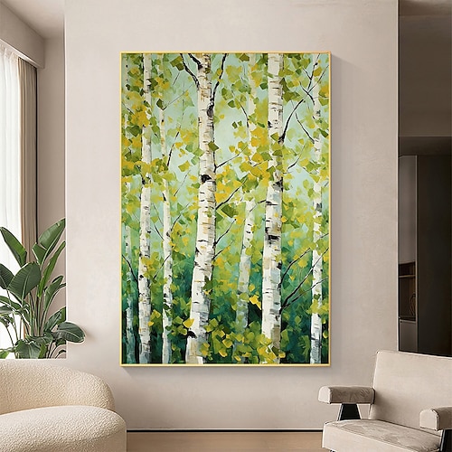 Wald-Ölgemälde auf Leinwand, handgemaltes abstraktes grünes Landschaftsgemälde für Wohnzimmer, Wanddekoration, Birkenwald-Gemälde, moderne Wandkunst, Landschafts-Ölgemälde Image