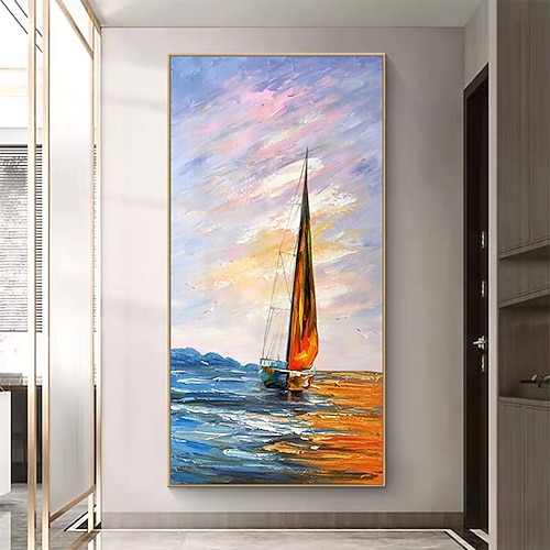 Mintura handgefertigte Bootslandschafts-Ölgemälde auf Leinwand, Wandkunst, Dekoration, moderne abstrakte Schiffsbilder für Heimdekoration, gerolltes, rahmenloses, ungedehntes Gemälde Image