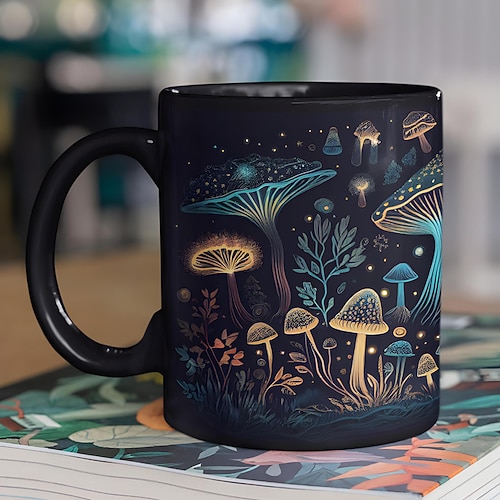 Zauberpilzbecher, Pilzbecher, schwarze Pilzkaffeetasse, neuartige Kaffeebecher, niedliche biolumineszierende Pilzgeschenke, Geschenke für Pilzliebhaber Image