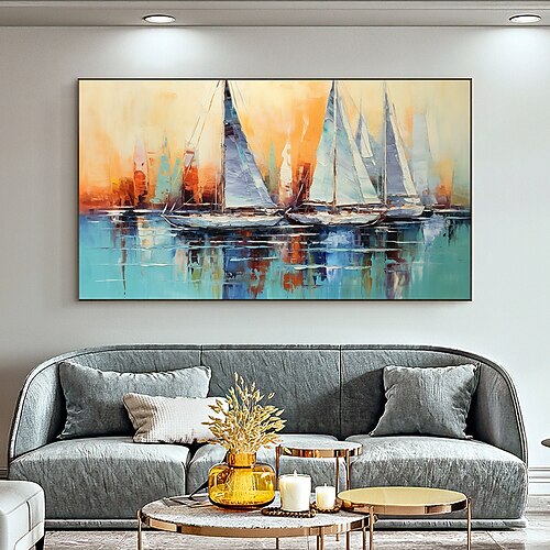 Abstraktes Segelboote-Leinwandgemälde, handgemalte Wandkunst, nautisches Ölgemälde auf Leinwand, handgefertigtes modernes Ozeangemälde, Wandkunst, großes Seestück, Segelboote, Gemälde für Wohnzimmer, Image