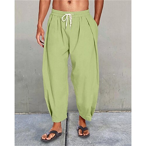 Herren Leinenhosen Hose Sommerhose Strandhose Haremshose Tasche Kordelzug Elastischer Bund Einfach Komfort Atmungsaktiv Urlaub Täglich Ferien Hawaiianisch Boho Schwarz Weiß Image