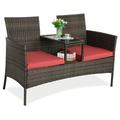 Patio Conversation Furniture Set Outdoor Patio Loveseat Rattan Chair Set with Cushions and Built-in Coffee Table Porch Furniture for Garden Lawn Backyard (Brown/Red)