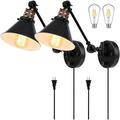 Plug in Wall Sconces Set of 2 Swing Arm Wall Lamp with Dimmable On Off Switch Metal Black Vintage Industrial Wall Mounted Lighting Reading Light Fixture for Bedside Bedroom Indoor Doorway