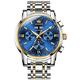 OLEVS Automatic Watches for Men Blue Dial Self Winding Mens Watches Classic Two Tone Band Waterproof Calendar Moon Phase Watch Business Easy to Read Analog Three Hands Men Dress Watch