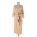 Zara Basic Casual Dress - Midi V-Neck 3/4 sleeves: Tan Print Dresses - Women's Size Medium