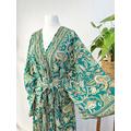 New Silk Sari Boho Kimono Regal House Robe - Luxury Lounge Digital Flowy Gown Forest Emerald Green Henna Nature Goddess Floral Duster Beach