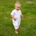 Baptism White Outfit Size 9 - 12 Months Ready To Ship, Baby Boy Linen Romper, Infant Overalls, Jumpsuit, Bodysuit, Dungarees