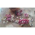 Set Of 4 Hair Pins Comb Hot Pink Delicate Flowers Faux Pearls Diamonds Gold Wedding Bridesmaids Bride