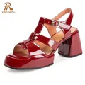 Prxdong Damenschuhe neue Sommer qualität echtes Leder quadratische High Heels Plattform T-Riemen