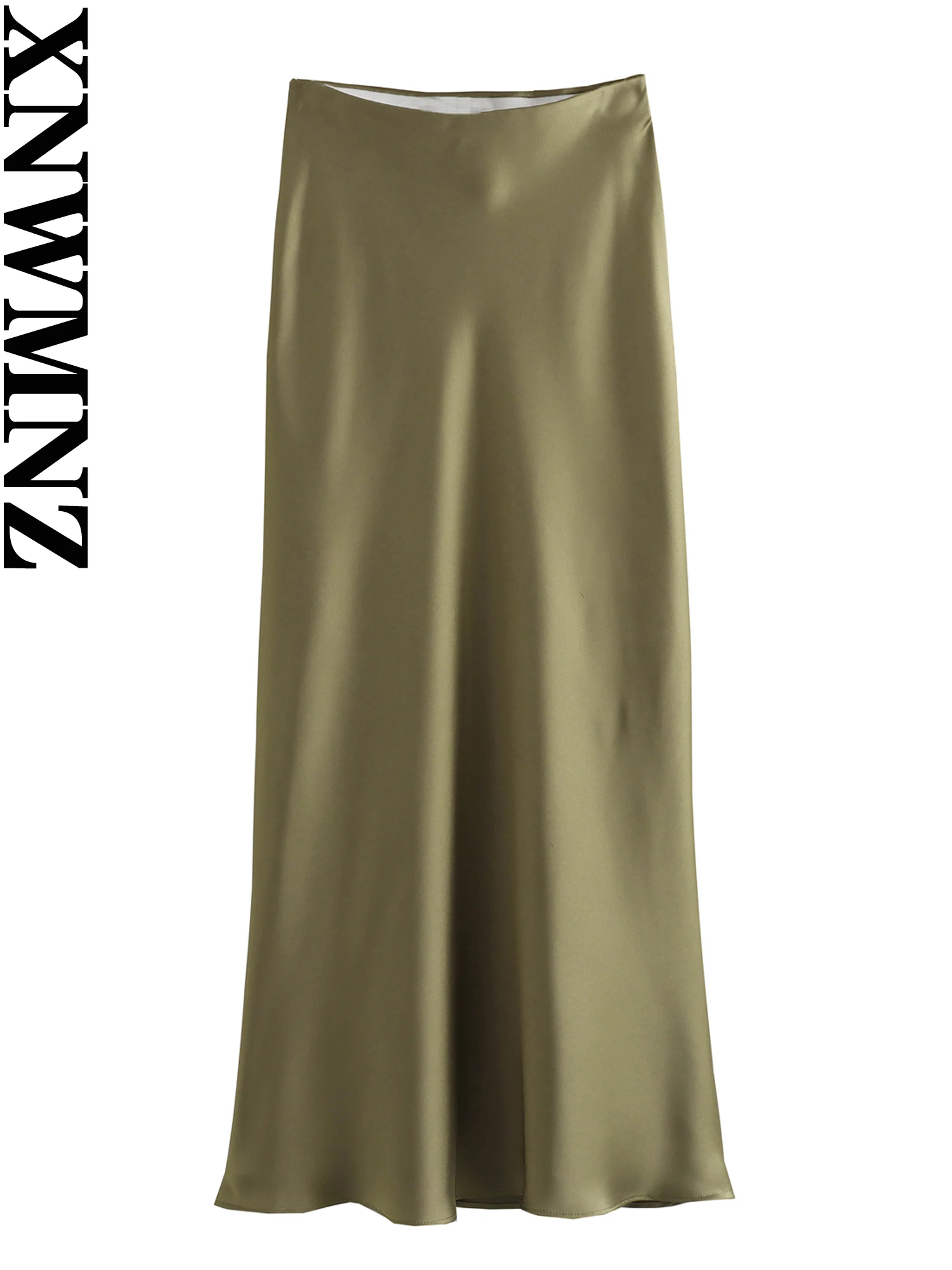 XNWMNZ – jupe mi-longue en Satin fluide pour femmes, Vintage, élastique, taille haute, ourlet évasé, jupe de rue, 2023