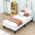 Zoomie Kids Amariee PU Upholstered Platform Bed w/ Rabbit Headboard & Drawers, Wood | Wayfair 453C8AB0775F47B7AD9ECBF16DD40F3B