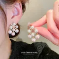 Trendy Pink Pearl Inlaid Rhinestone Luxury Stud Earrings for Women Temperament Charm Elegant