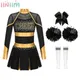 Kids Girls Long Sleeve Cheerleading Dance Leotard Dress with Headwear Hand Flowers Socks School