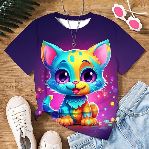 Mädchen 3D Graphic Karikatur Katze T-Shirt Kurzarm 3D-Druck Sommer Frühling Aktiv Modisch Kuschelig Polyester kinderkleidung 3-12 Jahre Outdoor Casual Täglich Regular Fit Image