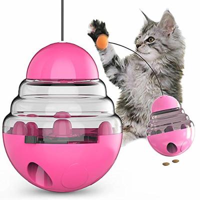 interactive funny cat toys, 3 in 1 treat feeder ball with automatic spinning tumbler, cat feather wand and food dispenser for kitten cat funny exercise chaser training (pink)