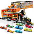 Syncfun Carrier Truck Toys for Boys 3-6 years Foldable Toy Car Track with 12 Die-Cast Metal Toy Cars & 2 Launchers Racing Car for Kids Toddle