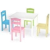 5-Piece Kids Wooden Table Chair Set Colorful Table & 4 Chair Set with Backrest Dinging Table for Kids Activity Build & Play Table Chair Set Playroom Furniture Picnic Table