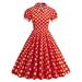 Palace waist-cinching polka-dot doll collar lace light dress short-sleeved performance costume large swing dress for women - red bottom with large white dots - L