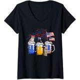 Womens Cat 4th Of July Costume Red White Blue Beer American Flag V-Neck T-Shirt Size:Medium