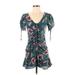 Urban Outfitters Casual Dress - Mini V Neck Short sleeves: Teal Floral Dresses - Women's Size X-Small