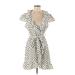 Fashion Nova Casual Dress - Wrap Plunge Short sleeves: Ivory Print Dresses - Women's Size Medium