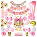 Dmqpp 1St BIRTHDAY DECORATIONS for Girl, HAPPY BIRTHDAY And I AM ONE Banner Flower Crown Paper Tassel Pompom Flowers And Balloons Hanging Paper Fan Flower Set