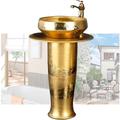 ZTGL Luxurious Fixtures Ceramic Pedestal Sink, Freestanding Pedestal Basin Sink with Faucet and Drain Combo, Modern Bathroom Art Wash Basin Circular Pedestal Sink in Gold,without mirror