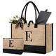 BeeGreen Embroidery Burlap Beach Bag Large Jute Beach Tote Bag w Inner Zipper Pocket Reusable Birthday Gifts for Women, Natural and Black, 19'' L x 7.8'' W x 12.7'' H, Beach Bag W Makeup Bag—letter E