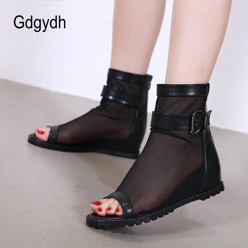 Gdgydh Vintage Frauen Sommer Schuhe Peep Toe Stiefeletten Mesh Net Atmungs Keil Hiden Heels Sommer Bootie Gürtel Schnalle Dorpship