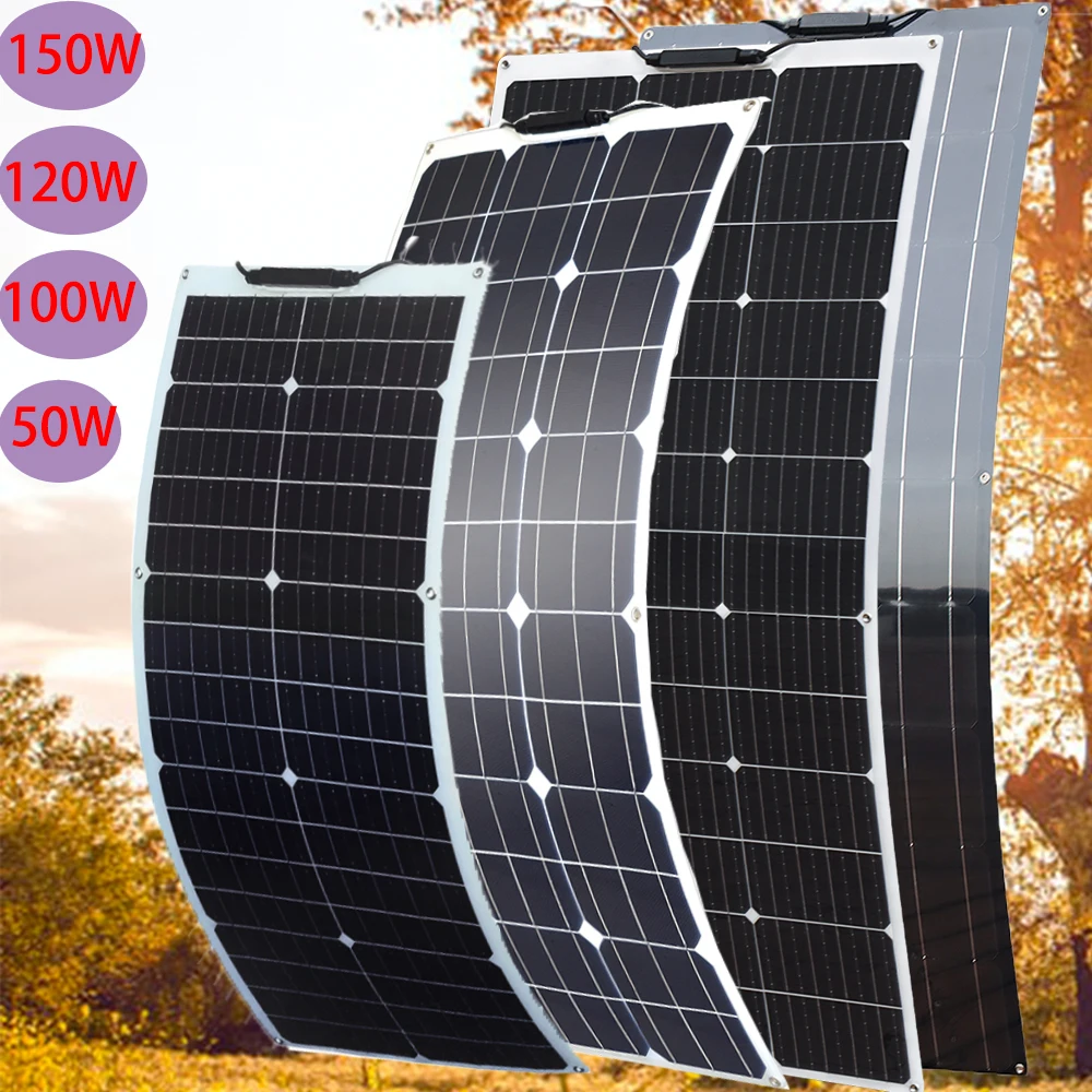 XINPUGUANG Solarpanel Bausatz150W 120W 100W 50W Flexibles Solarmodul 18v laden 12V Batterieladegerät Solarzellensystem-Bausatz für Wohnmobil Wohnwagen Balkon Camping Solar Panel kit Image