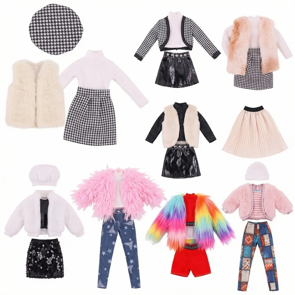 30cm Doll Clothes Plush Jacket + Fashionable Suit Skirt +Beret Hat Suitable For 11.8inch Doll Casual Clothing Free Shoe Gift